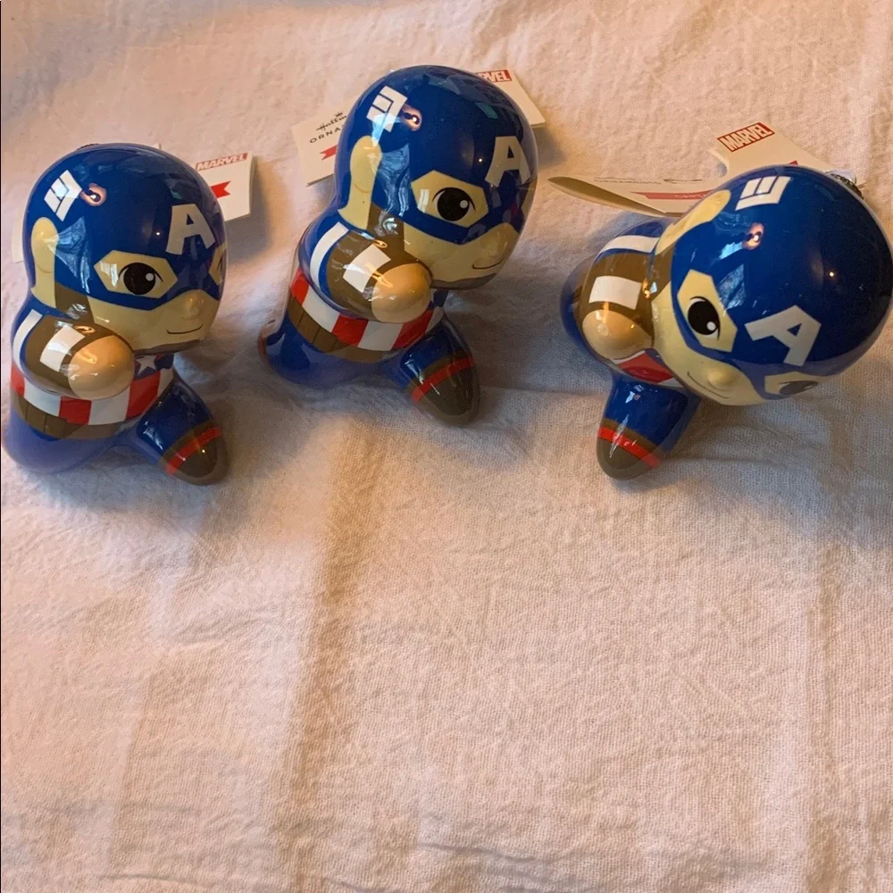 Marvel Captain America Hallmark Christmas Ornament triplets Blue Red & White NEW